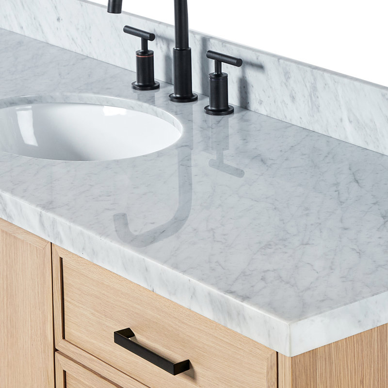 ARIEL Kelly 49 Single Sink Bathroom Vanity with Italian Carrara Marble Top, Oval, Oak, 55"