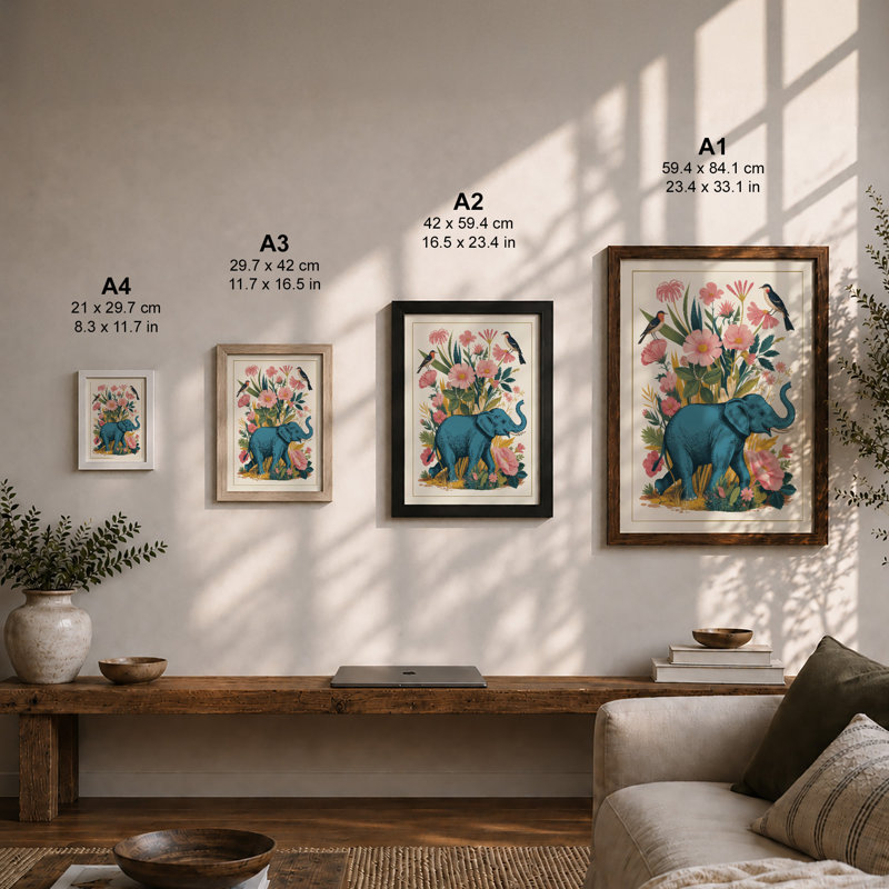 Elephant in Bloom Botanical - Framed Print, Unframed, A4 - 29.7 x 21.0 cm