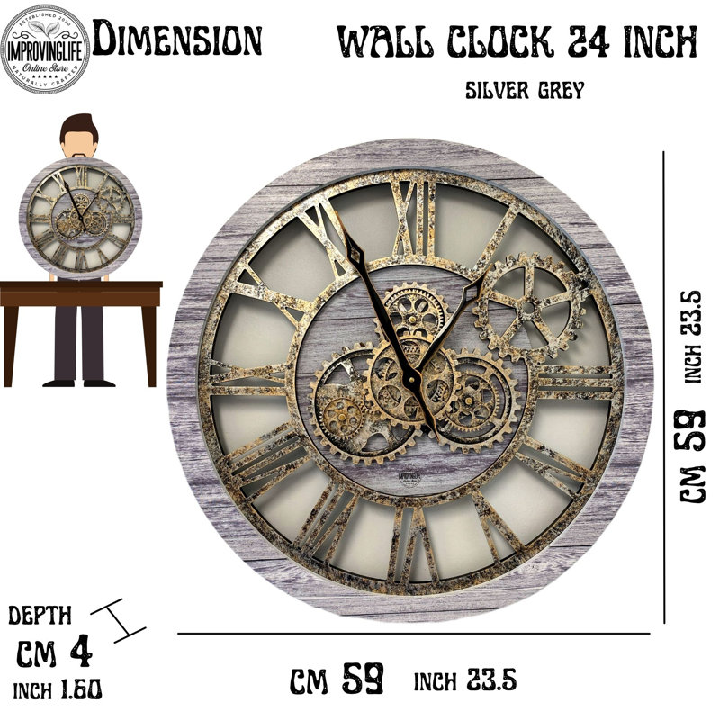 Wall Clock 24" Round Oversized for Living Room decor with Real Moving Gears America Collection, Silver Gray