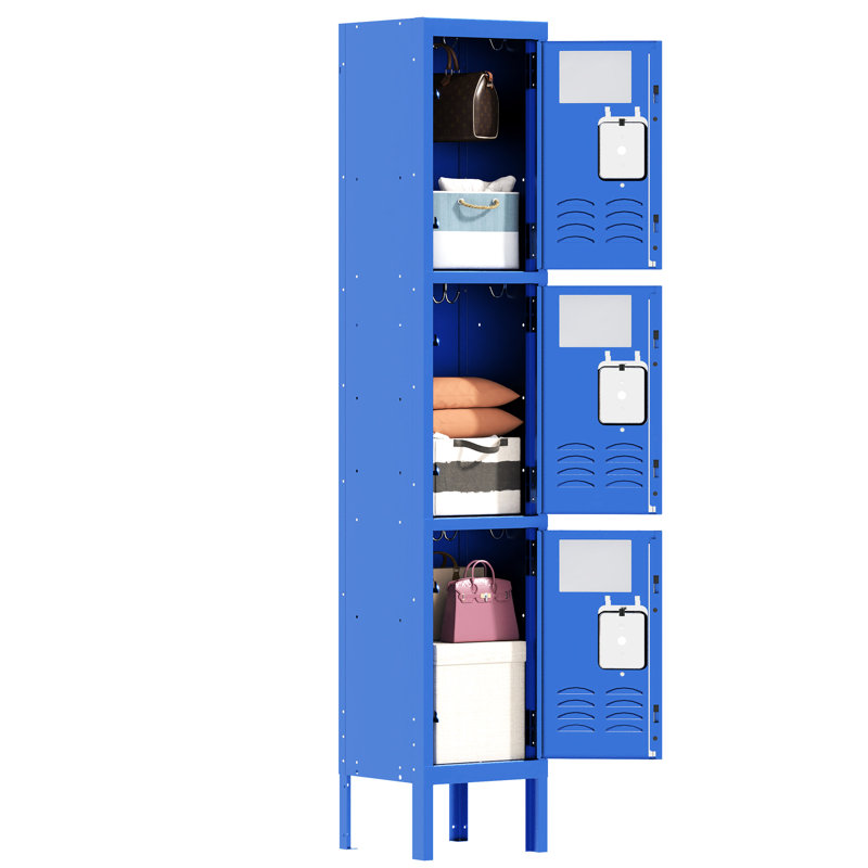 Casier en métal bleu de 66 po pour les vestiaires des employés et le bureau de la salle de sport - conception à trois compartiments, trous de ventilation, crochets intérieurs, compartiments ventilés pour garage, accessoires utiles, miroir