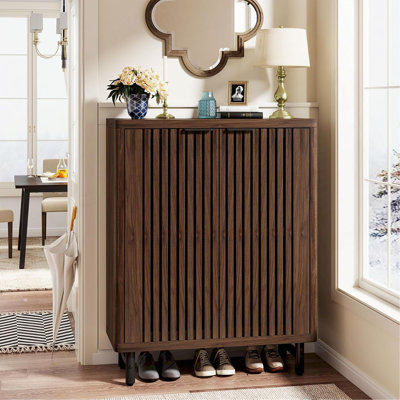 Modern Wooden Shoe Cabinet with Louvered Doors 6-Tier Storage Organizer