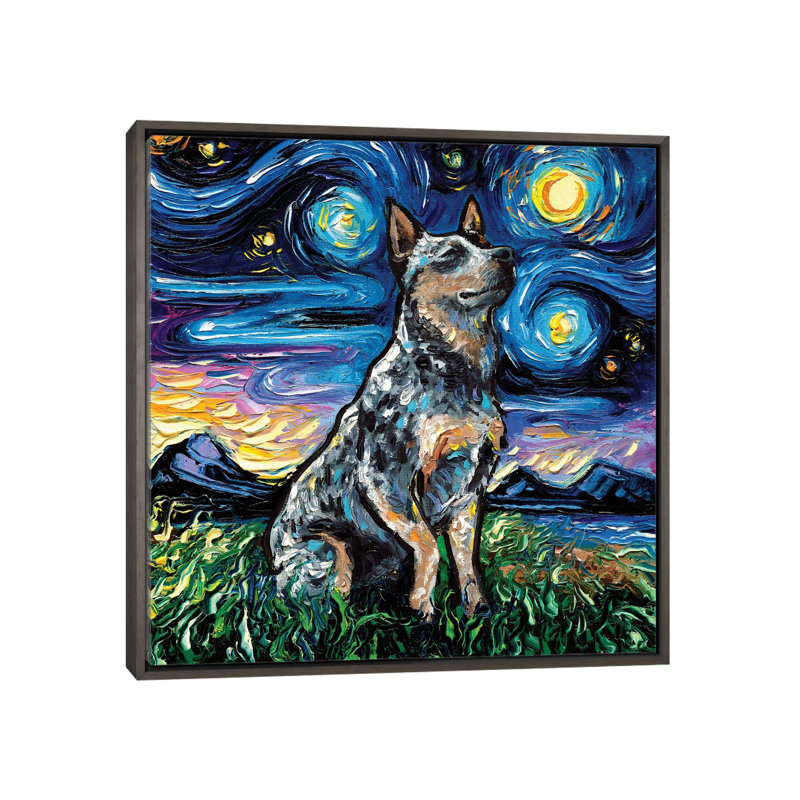 « Blue Heeler Night » par aja Trèves, reproduction d’art, H 37 po x l 37 po x P 1,5 po, Cadre en bois rustique foncé