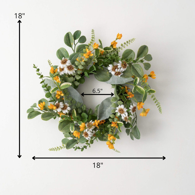 Couronne de fleurs artificielles marguerite et souci, H 18 po x l 18 po x P 5 po
