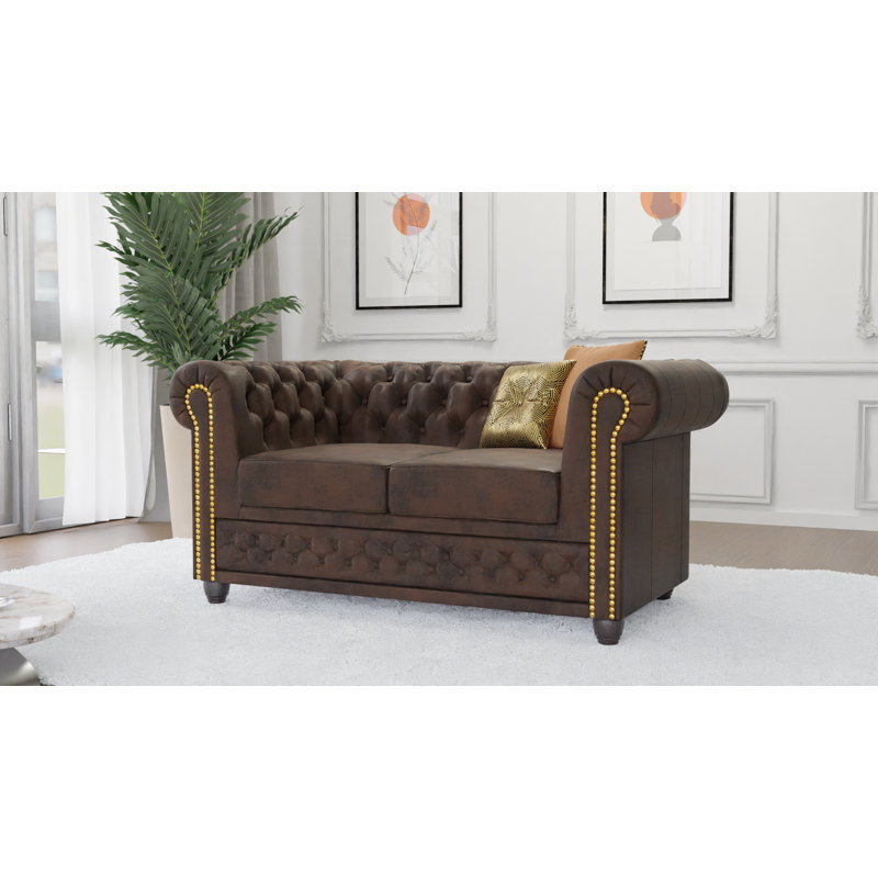 Chesterfield Friedrich 2 Seater Sofa Made of Vintage Look Microfibre with Solid Wood Legs, Dark Brown