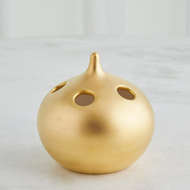 Oh No Handmade Earthenware Table Vase, 6.5" H x 6.5" W x 6.5" D, Matte Gold