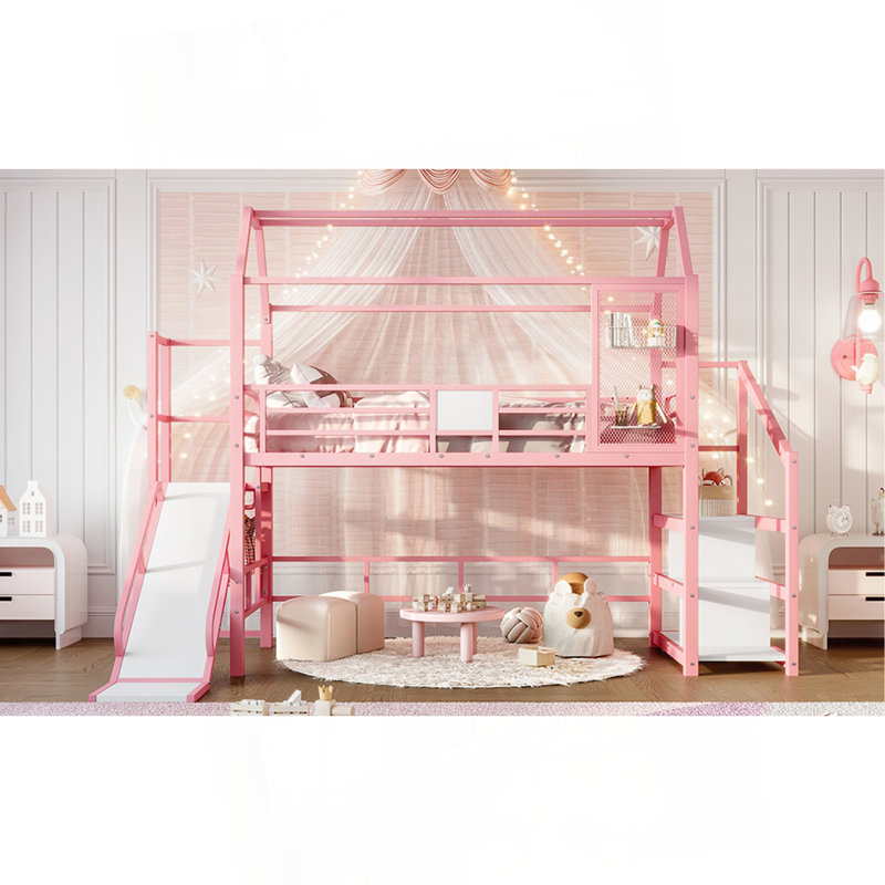 House Loft Bed With Slide And Stairs, Metal Playhouse Bed With Storage Shelves, House-Shaped Roof And Noise-Free Design, Twin