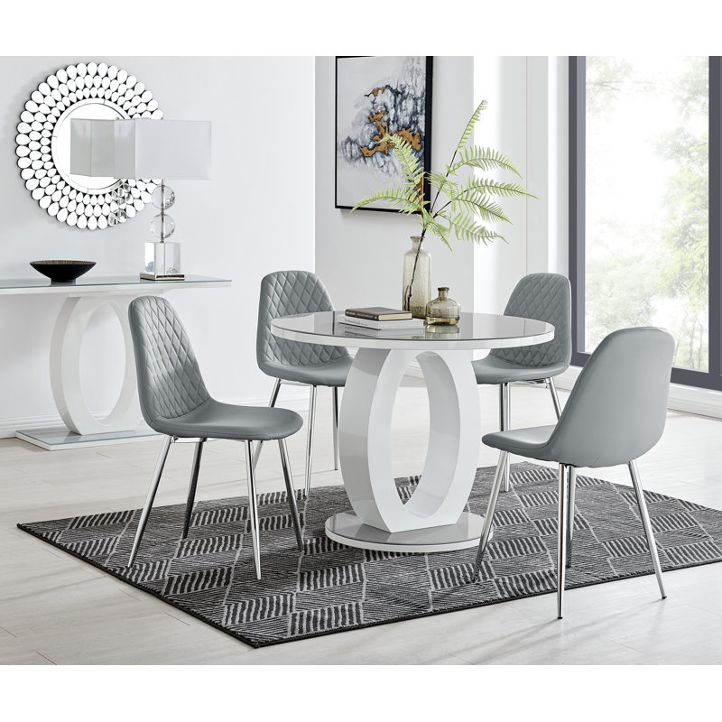 Scottsmoor 4 Seater High Gloss Round Dining Table Set with 4 Luxury Faux Leather Dining Chairs, 29.5" H x 47.2" L x 47.2" W