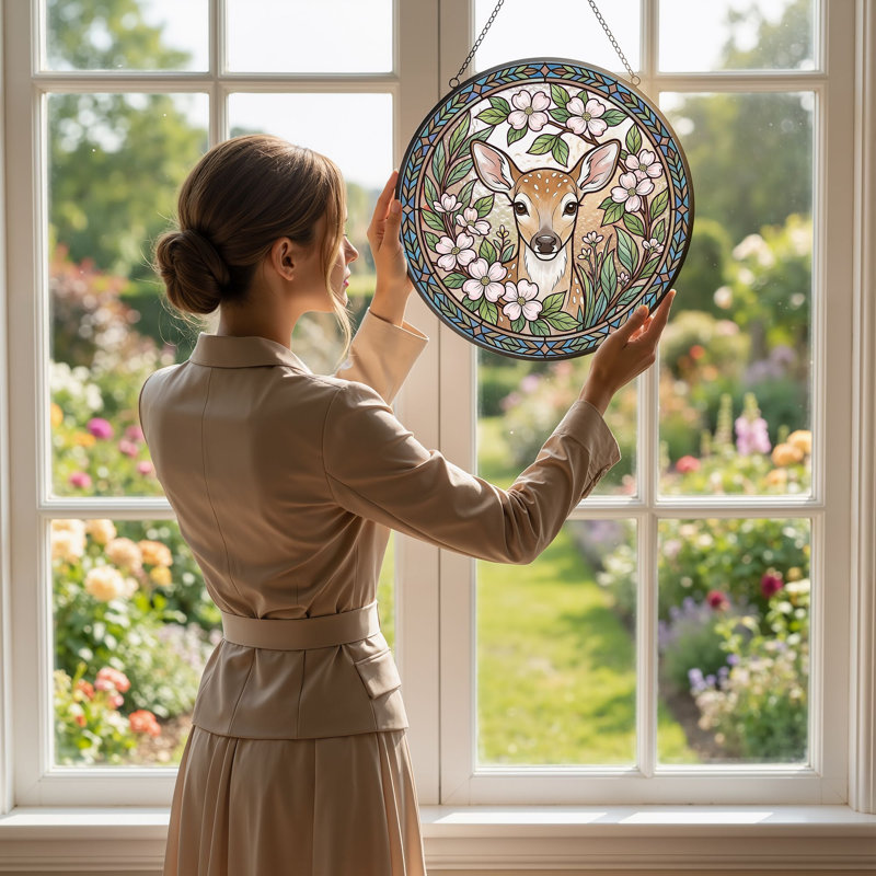 Panneau de vitrail floral cerf de cerf - 7,8H, 7.8"H