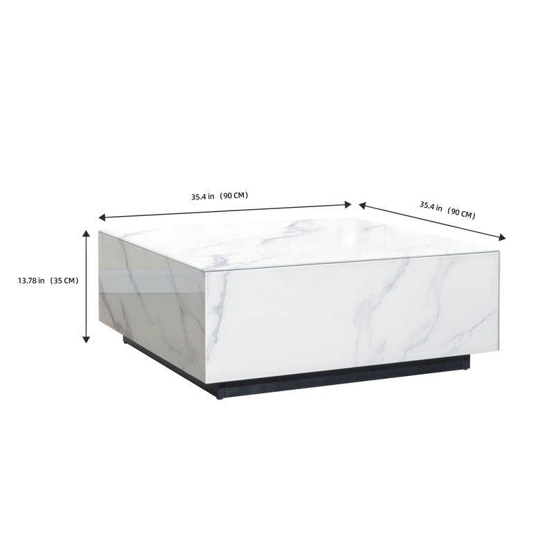 Wahidul 35" Modern White Glass Coffee Table with Faux Marble Finish, White