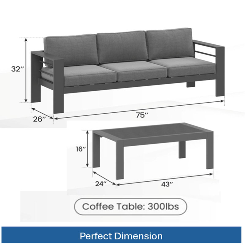 Ensemble de conversation de patio moderne 2 pièces 75 po avec 3 sièges, Gris, Gris