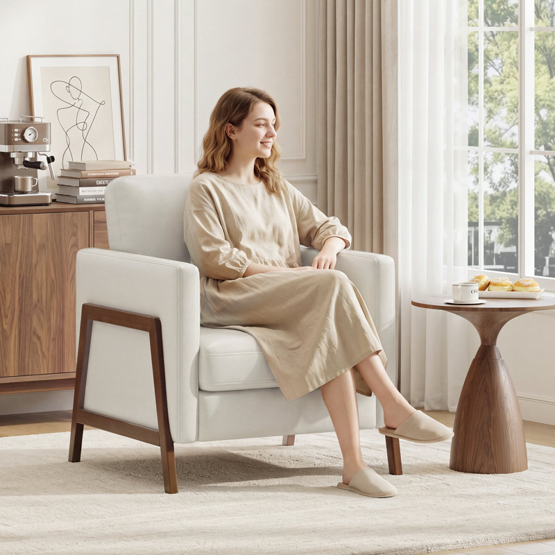 Fauteuil moderne en similicuir avec structure en bois pour le salon et la chambre à coucher, Beige