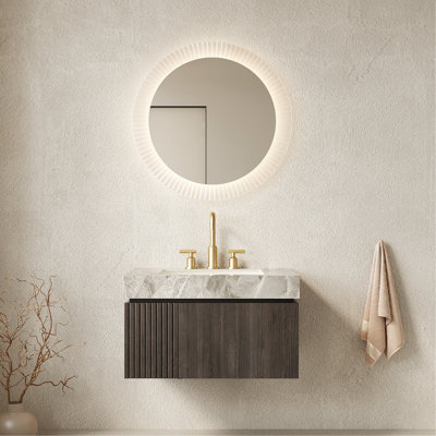 Meuble-lavabo et lavabo 30 po, armoire de rangement en contreplaqué flottant avec tiroir et porte, plateau en pierre frittée gris clair et lavabo en céramique avec 3 trous de robinet pré-percés, espresso pré-assemblé