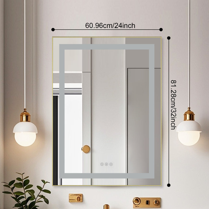 Miroir de salle de bain à DEL avec miroir, rétro-éclairage mural, miroir mural, Or brossé, Rectangulaire, 32 po x 24 po