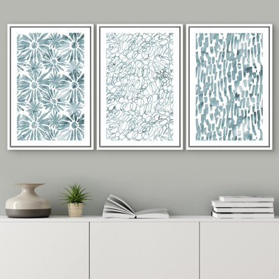 Linear Geometry " Teal Watercolor Floral Polygon Abstract Shapes Geometric " 3 - Pieces