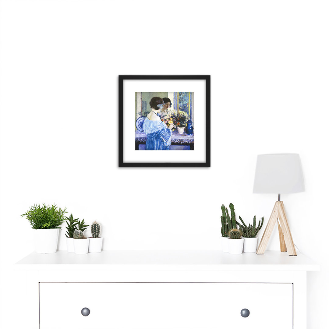 Frieseke Girl Blue Arranging Flowers - Picture Frame Painting