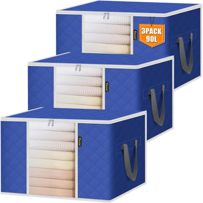 Paquet de 3 sacs de rangement pour vêtements, contenants de rangement de 24 gallons avec fermeture à glissière renforcée à poignée renforcée, rangement pour garde-robe pour la literie
