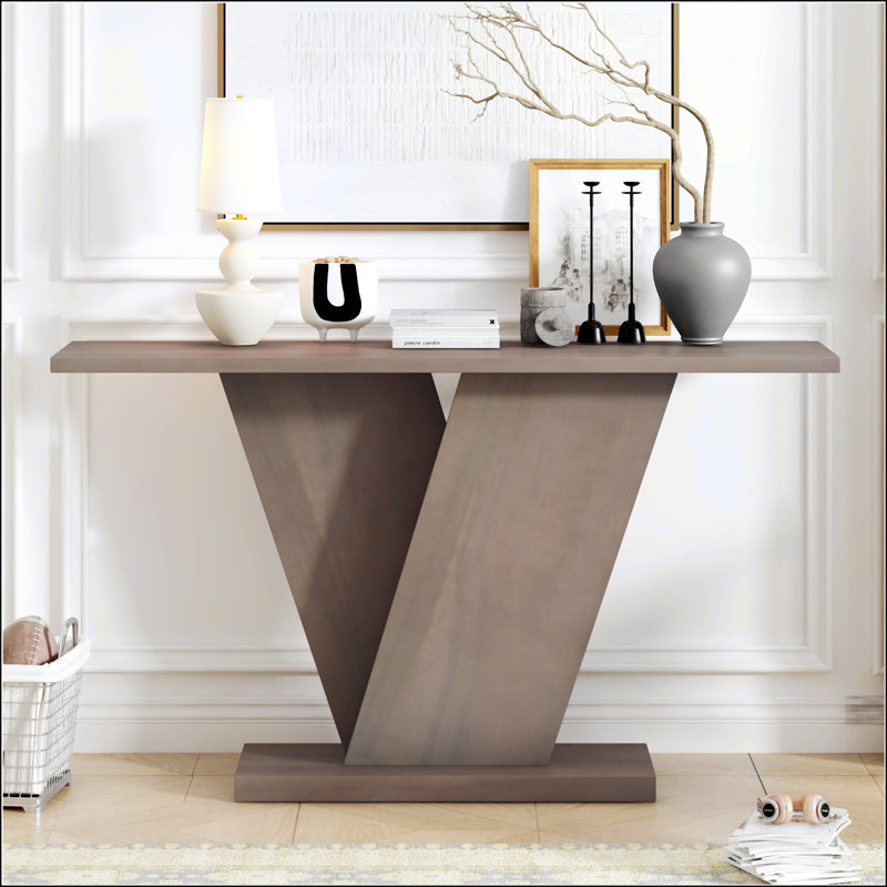 Mirod Console Table With Natural Wood Veneer, V - Base Design For Classic Versatility, Ideal For Displaying Favorite Items And Easy To Assemble
