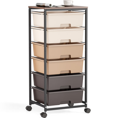 Rolling Storage Drawers with Wheels ,Utility Cart with 6 Large Drawers and Wooden Tabletop