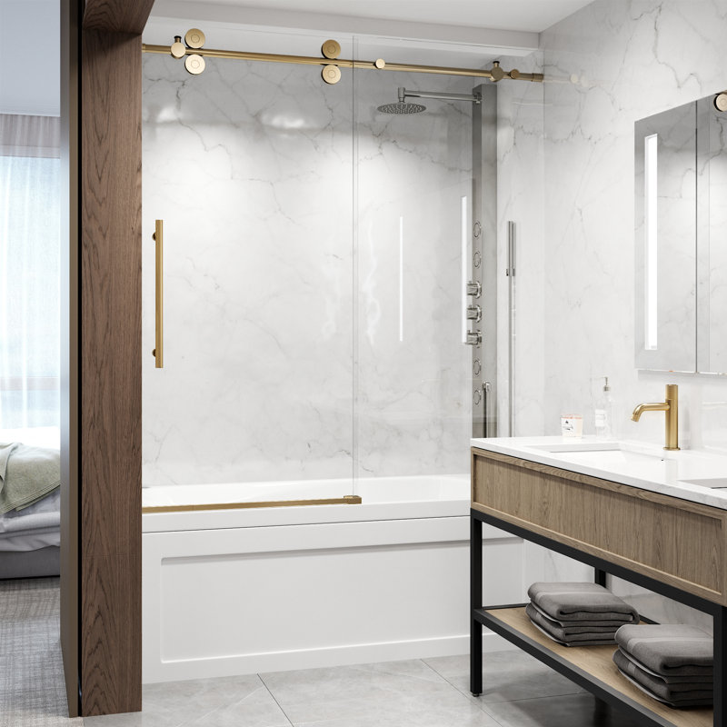 Elan 56-60" W x 66" H Sliding Frameless Tub Door with 3/8" Laminated Glass, Matte Brushed Gold
