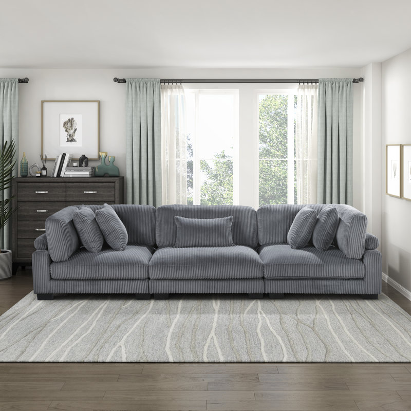 Canapé modulaire moderne en velours côtelé de 135 po Brinsley, dossier réglable, 5 coussins, Velours côtelé gris