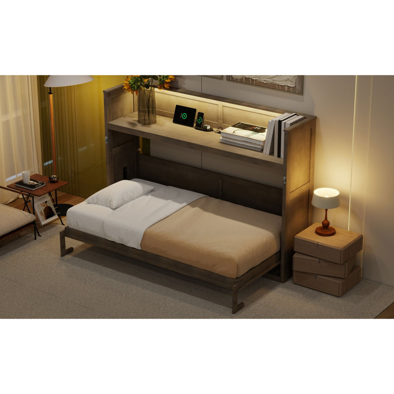 Twin XL Size Murphy Bed With Desk,LED Light And USB Charging Station,Gray Wash(ETA:7/20), Gray Wash