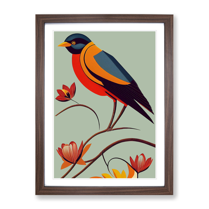 Cheerful Bird - Wall Art, 66cm H x 48cm W x 2cm D, Walnut Framed, White