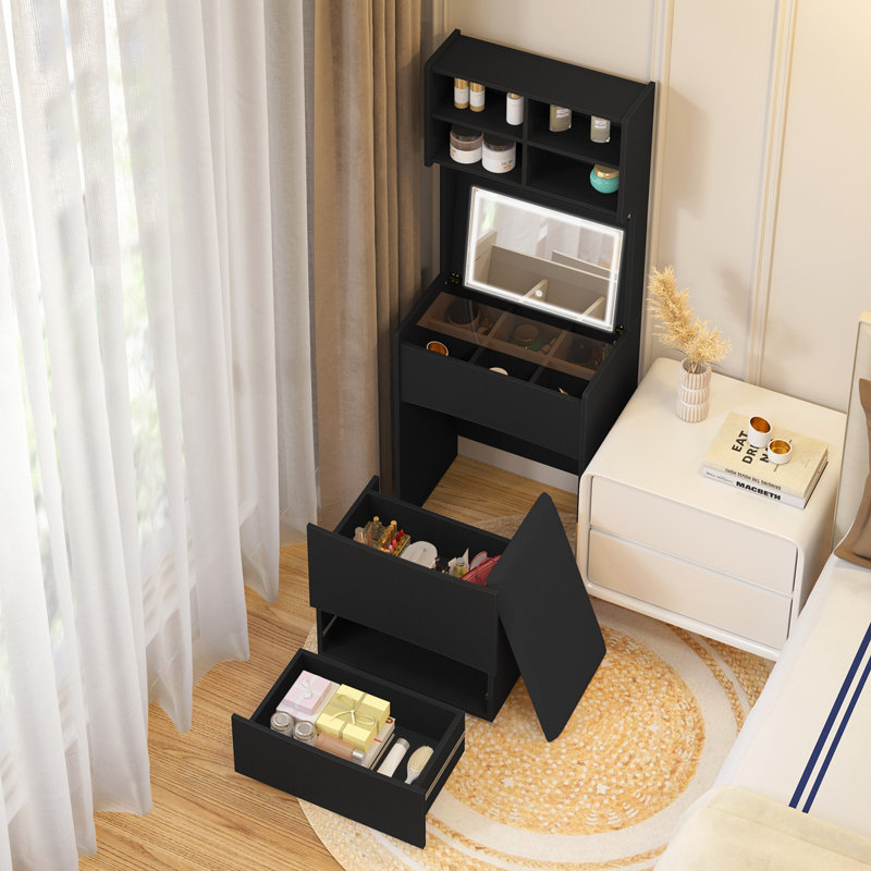 Coiffeuse avec miroir lumineux à DEL rabattable, coiffeuse avec espace de rangement interne, coiffeuse de maquillage avec tabouret rembourré amovible, pratique et peu encombrante, chambre à coucher