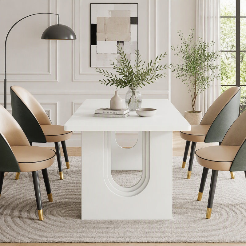 Modern Rectangular Dining Table with Pedestal Base, White