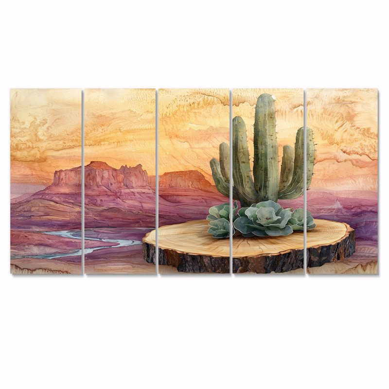 Cactus du désert sur un plateau en bois I - Cactus floral - ensemble de décorations murales traditionnelles, 5