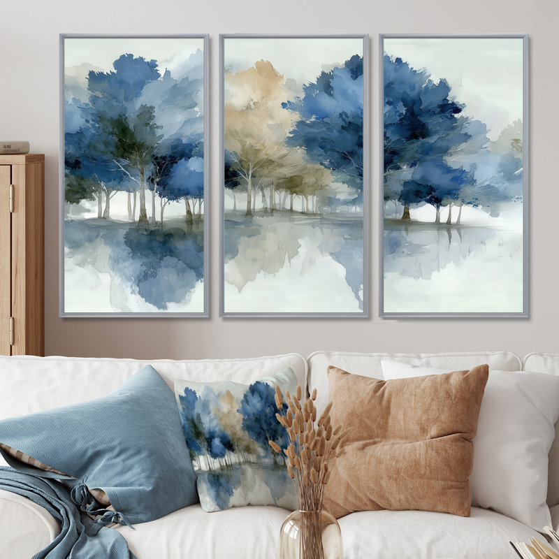 Bleu gris, aquarelle, érable, forêt, Canada - ensemble d'art mural érable, H 32 po x l 48 po, Argent argent
