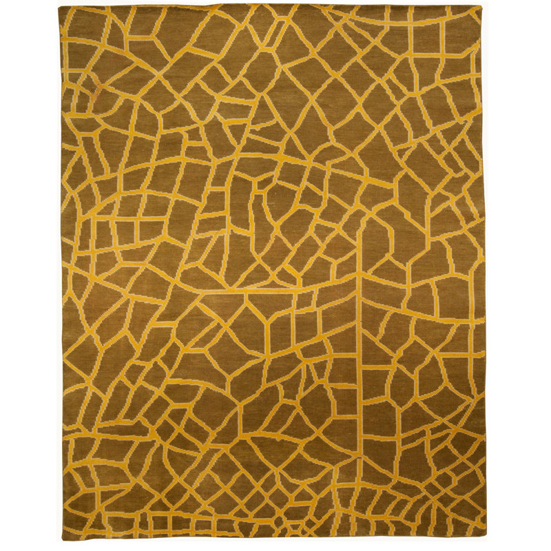Tapis jaune / brun en peau de serpent à motif abstrait moderne 8 pi x 10 pi