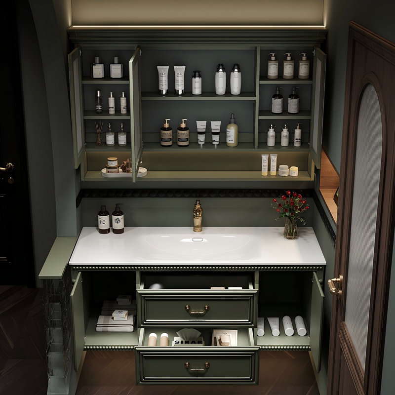 Meuble-lavabo mural 47,24 po en bois d'hévéa vert foncé avec miroir, 48"