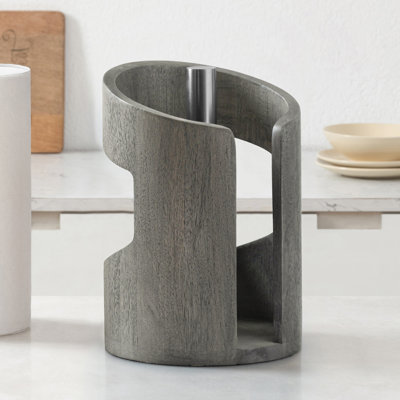 Wooden Paper Towel Holder with Negative Space Design for Kitchen and Table Decor, Anti Skid Base, Eco Friendly Mango Wood & Metal Rod - Greige / Nickel
