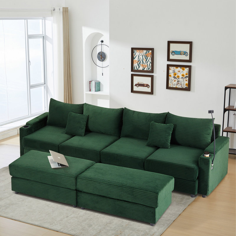 Canapé modulaire multifonctionnel avec repose-pieds, Velours côtelé vert, H 33,7 po x l 123,2 po x P 35,4 po