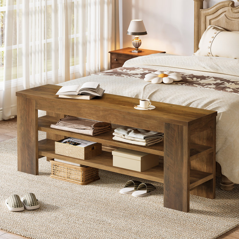 Banc à chaussures à 3 niveaux en bois brun rustique 47 po avec rangement ouvert, banc d'entrée pour couloir, salon ou chambre à coucher