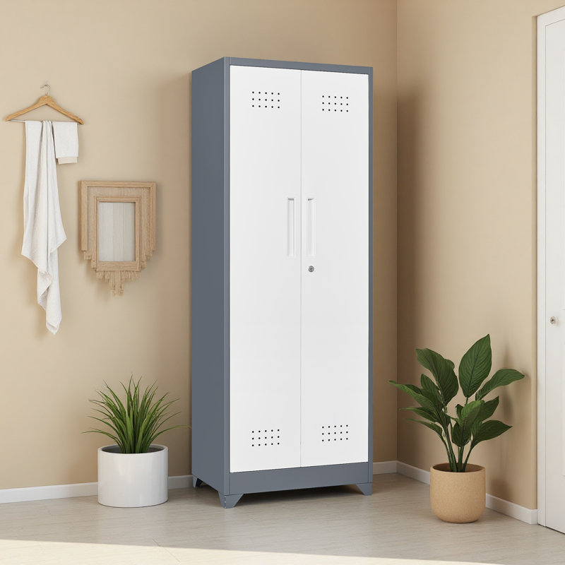 Broom Storage Cabinet With Locking Doors And Shelves, 65" H Metal Storage Cabinet With Hanging Rod & S-Hooks, Cleaning Tool Storage Cabinet