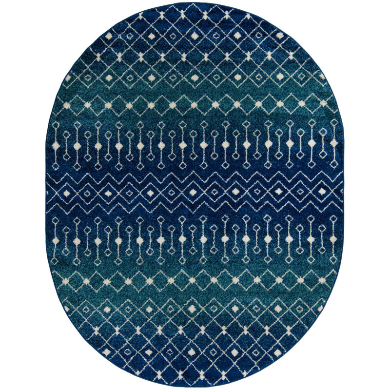 Tapis bleu / ivoire en polypropylène tissé à la machine Briehn, Ovale 7 pi 10 po x 10 pi