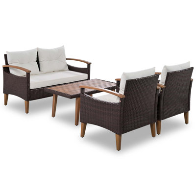 Mobilier de jardin 4 pièces, ensemble de sièges de patio, ensemble de canapé d'extérieur en rotin PE, table et pieds en bois, brun et beige