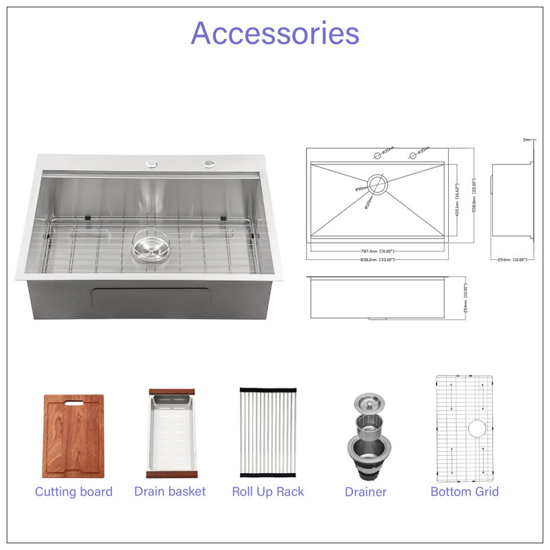 33" Drop In Kitchen Sink - 33*22 Inch Kitchen Sink Drop-In Topmount Single Bowl 16 Gauge Stainless Steel Ledge Workstation Kitchen Sinks
