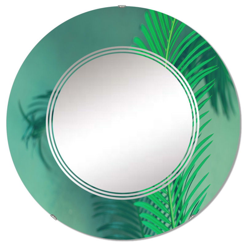 Feuilles vert vif de palmier sur fond vert foncé - miroir mural rond tropical, 32 po x 32 po