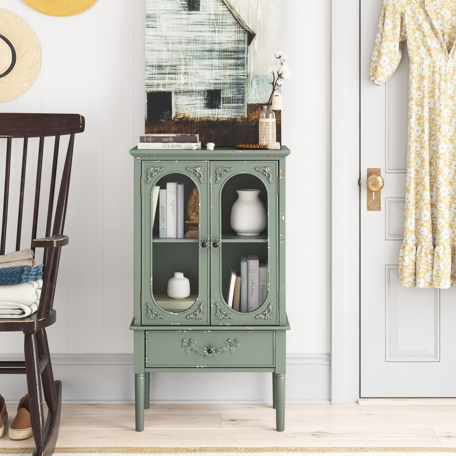 Laurel Foundry Modern Farmhouse® Vaillancourt 2-Door Mint Green Antique-Style Tall Cabinet With Drawer & Reviews | Wayfair