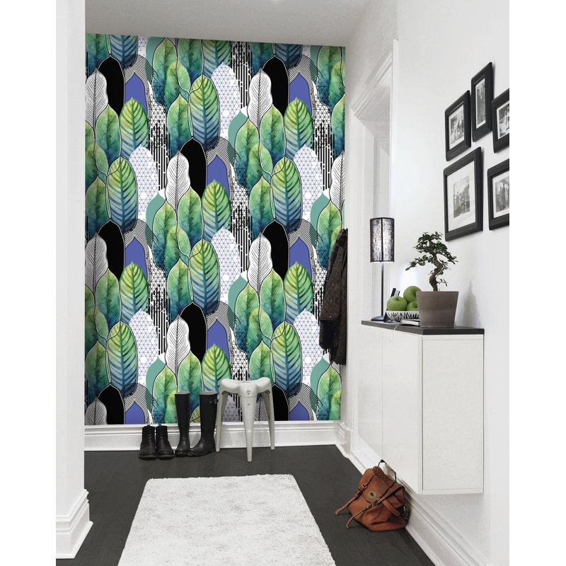 Papier peint amovible à motif de feuilles tropicales à motif géométrique de feuilles vertes, L 114 po x l 204 po