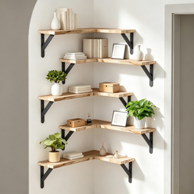 Ensemble d'étagères de coin flottantes, étagères murales rustiques en bois avec supports métalliques, étagères de rangement en forme de L pour chambre, salon, cuisine, salle de bain ou bureau