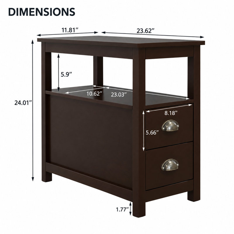 Table d'appoint étroite avec deux tiroirs et tablettes ouvertes, en MDF brun et fini peinture UV