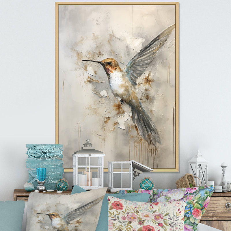 Fluttering Floral Hummingbird II, 32" H x 24" W x 1" D, Maple Floater Framed