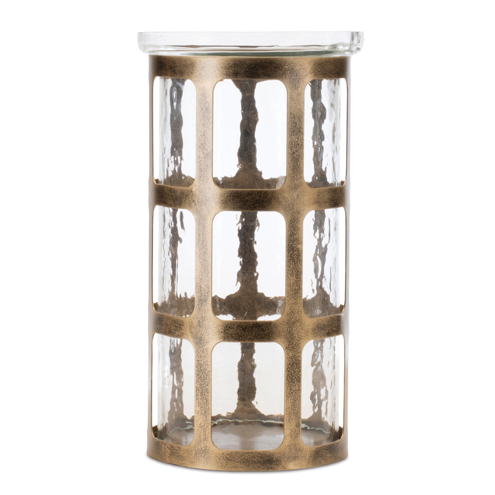 Wavy Glass Candle Holder with Distressed Metal Frame, 10" H x 5.75" W x 5.75" D