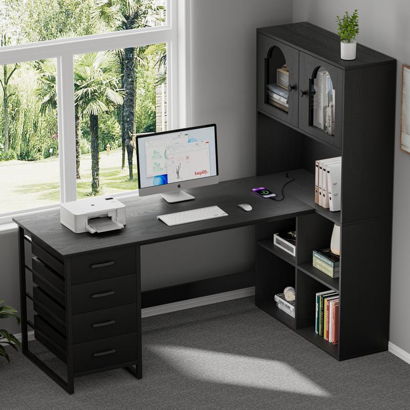 Black Computer Desk With Tall Bookshelf, L Shaped Desk With Drawers & Led Lights Power Outlets,Corner Desk With File Cabinet,Home Office Gaming Desk,52''X31.5''X'63''