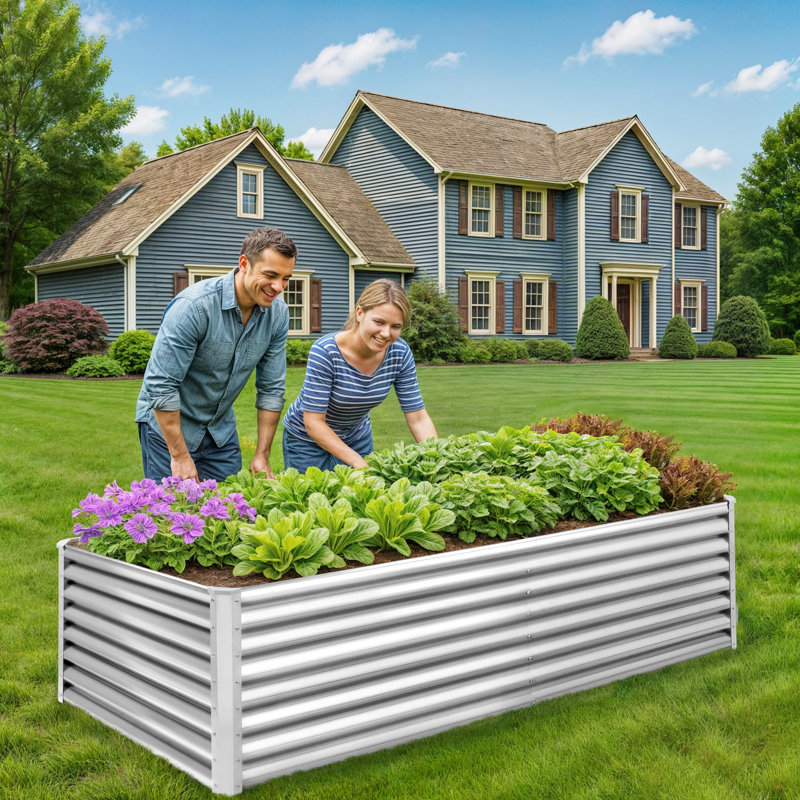 Interlocking Rectangular Galvanized Steel Sliver Raised Garden Bed, 24" H x 72" W x 36" D, 1