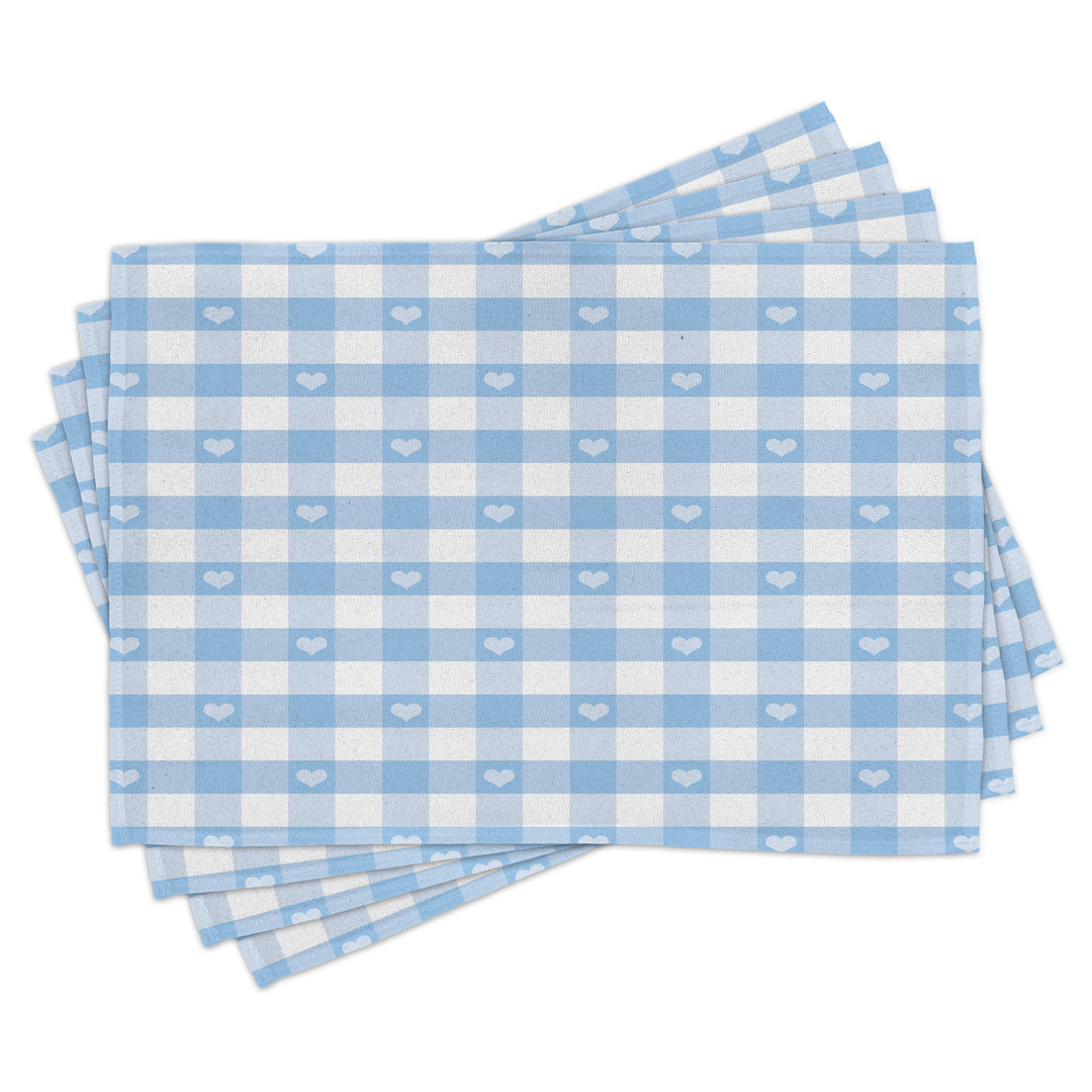 Platzmatten, Gingham mit Herzen, Kariert, Blassblau Weiß