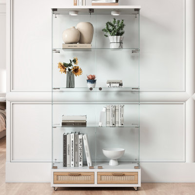 Small - Space 4 Shelf Tempered Glass Cabinet With 13 Colour Led Lighting, Locking Storage And 2 Drawers For Office, Kitchen White Natural Multifunctional Stylish Door Display Lights, Shelves Large